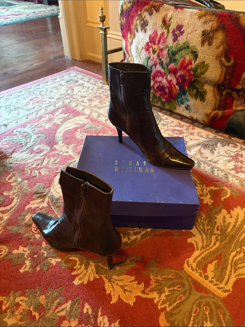 Stuart Weitzman Black Leather Pointed Ankle Booties